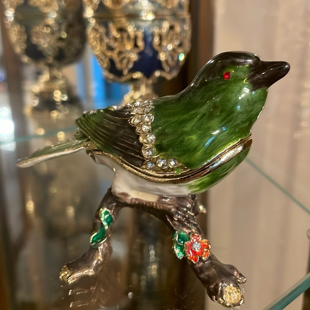SOLD Green Enamel Bird Austrian Crystal Trinket Box